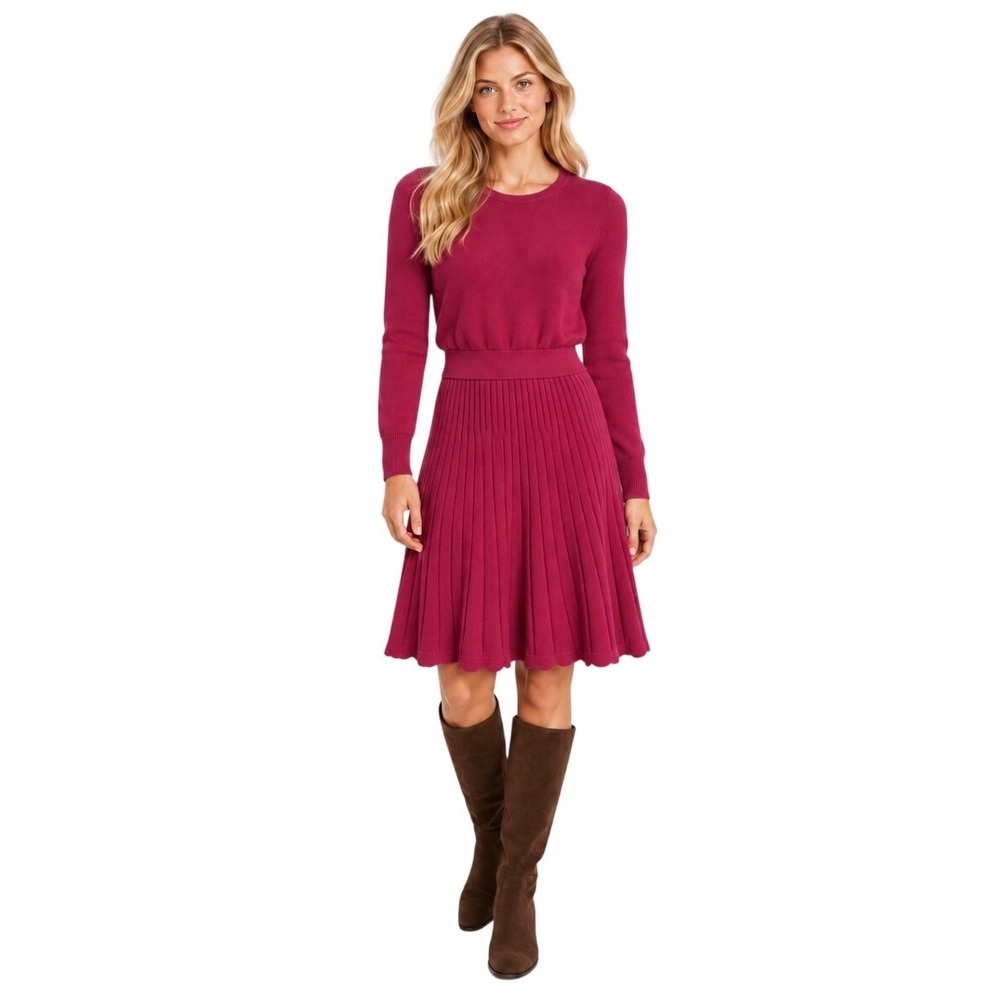NWOT Boden Pink Ribbed Fit & Flare Knit Sweater Dress US 4R Long Sleeve Crewneck